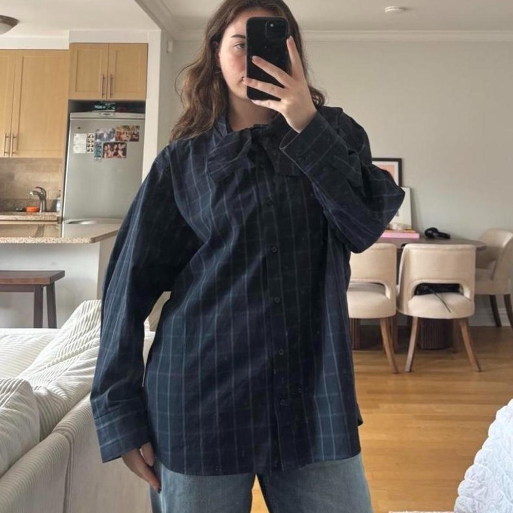 Zara Navy Plaid Button-Down Shirt